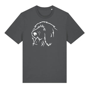 White outline illustration of the head of an Old English Sheepdog on the front of an anthracite grey unisex t-shirt