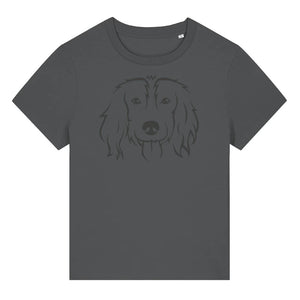 Black outline illustration of the head of a Spaniel on the front of an anthracite grey ladies t-shirt