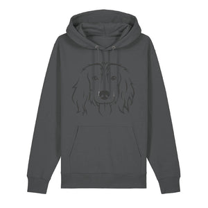 Black outline illustration of the head of a Spaniel on the front of an anthracite grey unisex Hoodie