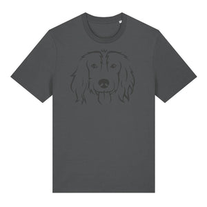 Black outline illustration of the head of a Spaniel on the front of an anthracite grey unisex t-shirt