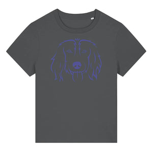 Blue outline illustration of the head of a Spaniel on the front of an anthracite grey ladies t-shirt