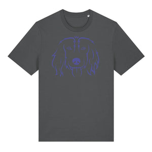 Blue outline illustration of the head of a Spaniel on the front of an anthracite grey unisex t-shirt