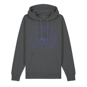 Blue outline illustration of the head of a Spaniel on the front of an anthracite grey unisex Hoodie