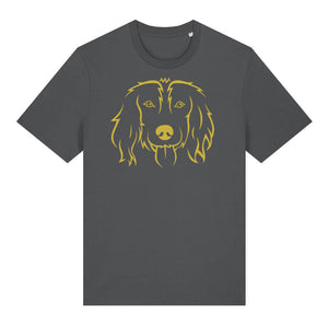 Gold outline illustration of the head of a Spaniel on the front of an anthracite grey unisex t-shirt