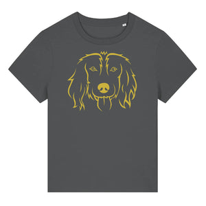 Gold outline illustration of the head of a Spaniel on the front of an anthracite grey ladies t-shirt