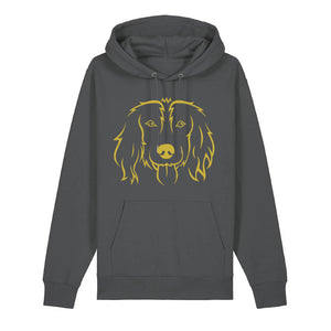 Gold outline illustration of the head of a Spaniel on the front of an anthracite grey unisex Hoodie