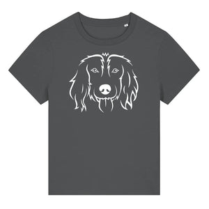 White outline illustration of the head of a Spaniel on the front of an anthracite grey ladies t-shirt