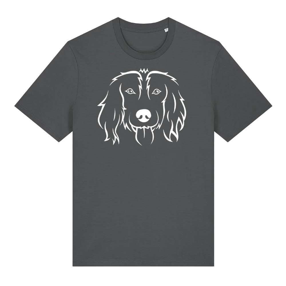 White outline illustration of the head of a Spaniel on the front of an anthracite grey unisex t-shirt