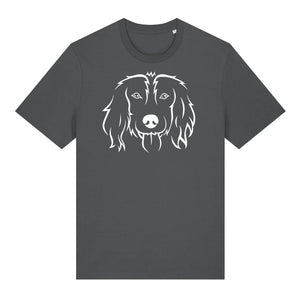 White outline illustration of the head of a Spaniel on the front of an anthracite grey unisex t-shirt