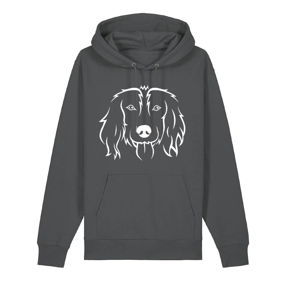 White outline illustration of the head of a Spaniel on the front of an anthracite grey unisex Hoodie