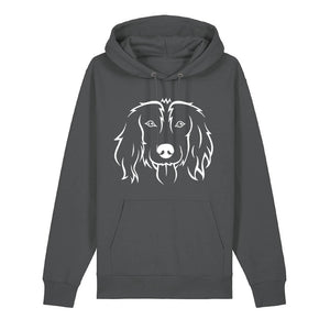 White outline illustration of the head of a Spaniel on the front of an anthracite grey unisex Hoodie