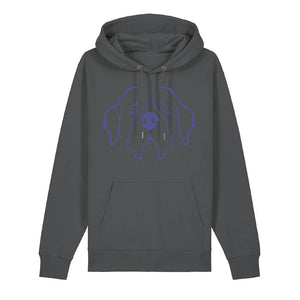 Blue outline illustration of the head of a Saint Bernard on the front of an anthracite grey unisex Hoodie