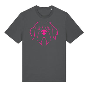 Magenta outline illustration of the head of a Saint Bernard on the front of an anthracite grey unisex t-shirt