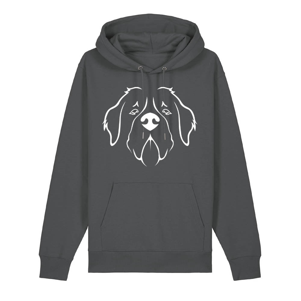 White outline illustration of the head of a Saint Bernard on the front of an anthracite grey unisex Hoodie