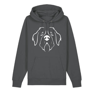 White outline illustration of the head of a Saint Bernard on the front of an anthracite grey unisex Hoodie