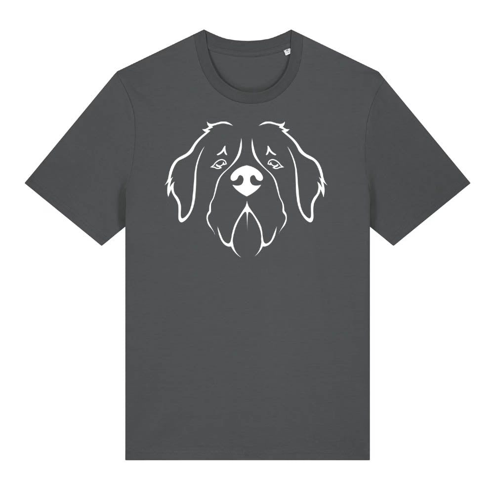 White outline illustration of the head of a Saint Bernard on the front of an anthracite grey unisex t-shirt