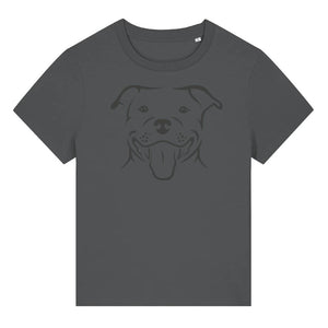 Black outline illustration of the head of a Staffordshire Bull Terrier on the front of an anthracite grey ladies t-shirt