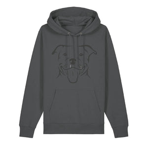 Black outline illustration of the head of a Staffordshire Bull Terrier on the front of an anthracite grey unisex Hoodie