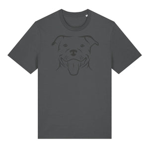 Black outline illustration of the head of a Staffordshire Bull Terrier on the front of an anthracite grey unisex t-shirt