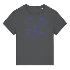 Blue outline illustration of the head of a Staffordshire Bull Terrier on the front of an anthracite grey ladies t-shirt