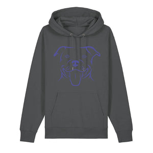 Blue outline illustration of the head of a Staffordshire Bull Terrier on the front of an anthracite grey unisex Hoodie