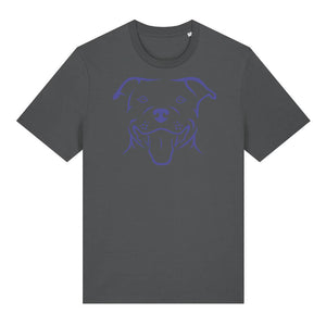 Blue outline illustration of the head of a Staffordshire Bull Terrier on the front of an anthracite grey unisex t-shirt