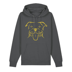 Gold outline illustration of the head of a Staffordshire Bull Terrier on the front of an anthracite grey unisex Hoodie