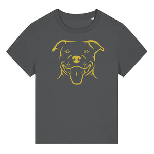 Gold outline illustration of the head of a Staffordshire Bull Terrier on the front of an anthracite grey ladies t-shirt