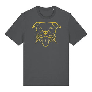 Gold outline illustration of the head of a Staffordshire Bull Terrier on the front of an anthracite grey unisex t-shirt