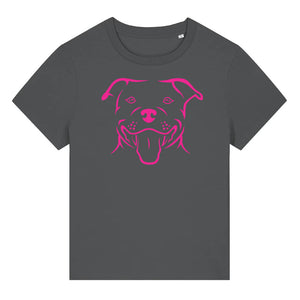 Magenta outline illustration of the head of a Staffordshire Bull Terrier on the front of an anthracite grey ladies t-shirt