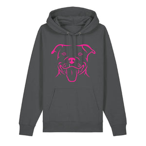 Magenta outline illustration of the head of a Staffordshire Bull Terrier on the front of an anthracite grey unisex Hoodie