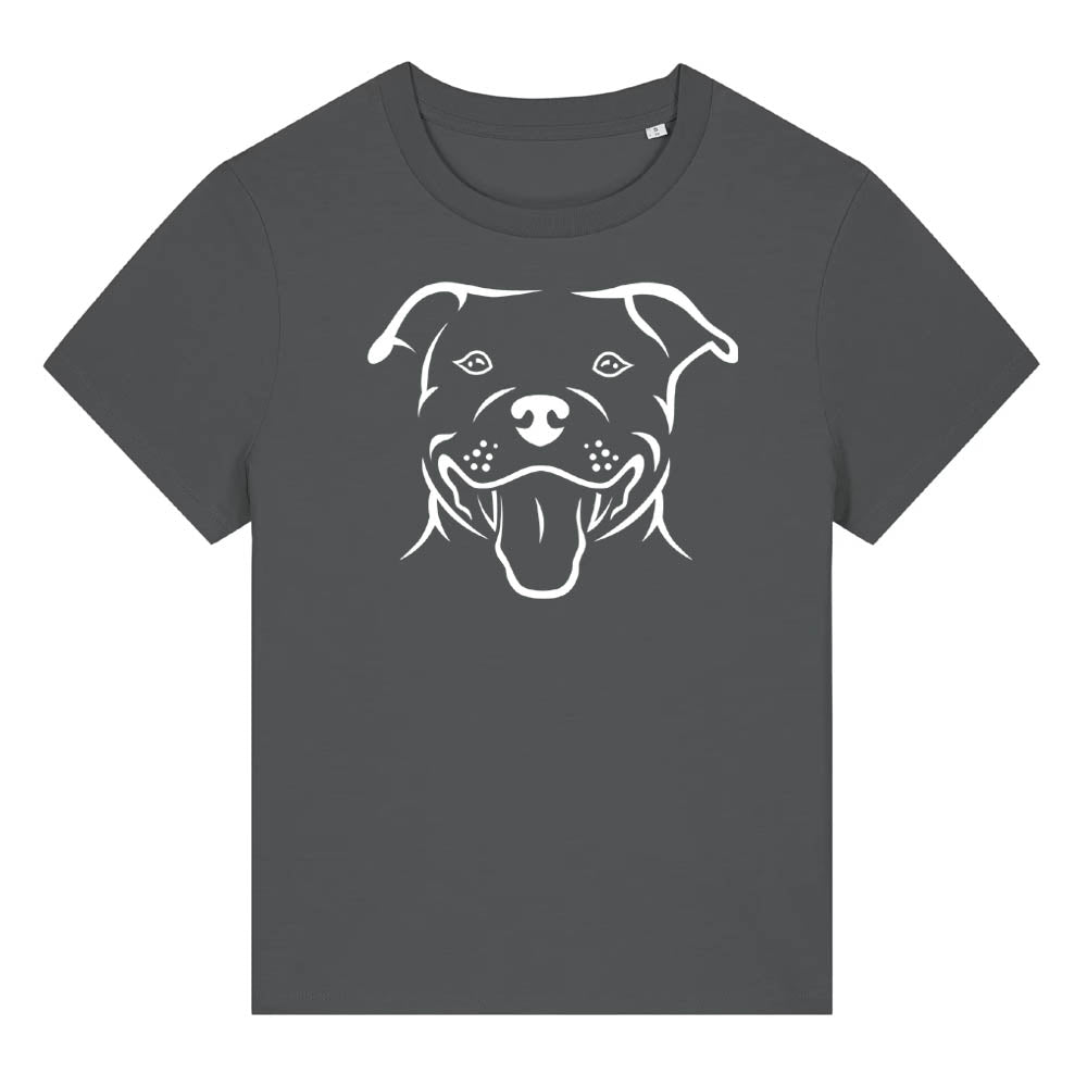 White outline illustration of the head of a Staffordshire Bull Terrier on the front of an anthracite grey ladies t-shirt