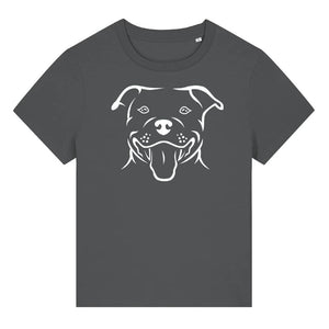 White outline illustration of the head of a Staffordshire Bull Terrier on the front of an anthracite grey ladies t-shirt
