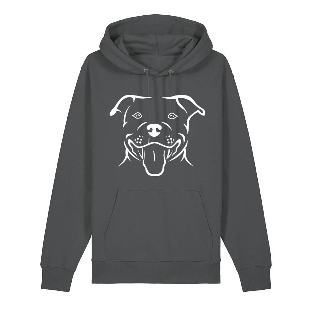 White outline illustration of the head of a Staffordshire Bull Terrier on the front of an anthracite grey unisex Hoodie