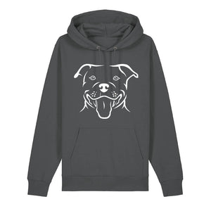 White outline illustration of the head of a Staffordshire Bull Terrier on the front of an anthracite grey unisex Hoodie