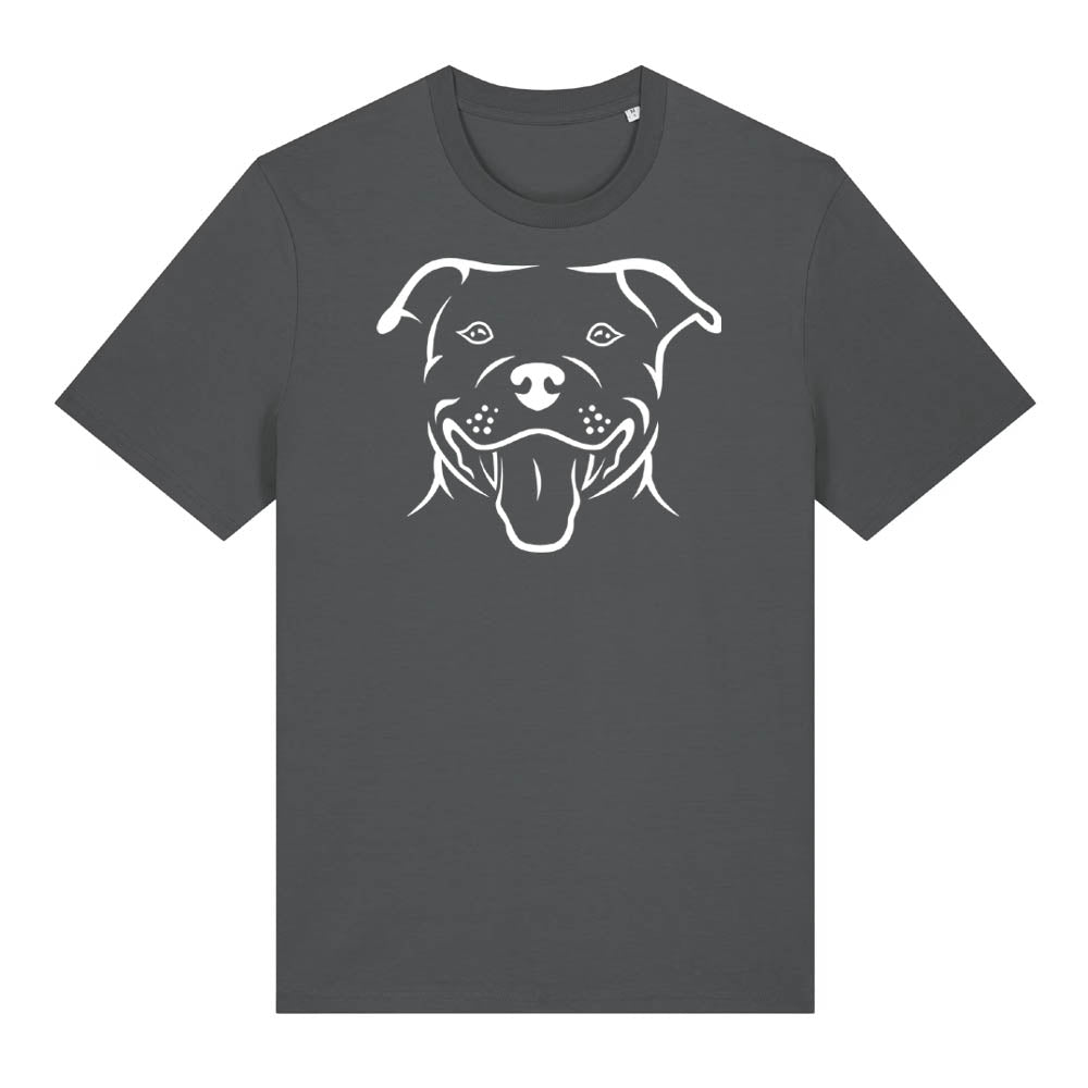 White outline illustration of the head of a Staffordshire Bull Terrier on the front of an anthracite grey unisex t-shirt
