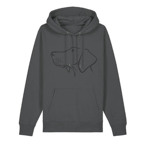 Black outline illustration of the head of a Hungarian Vizsla on the front of an anthracite grey unisex Hoodie