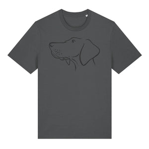 Black outline illustration of the head of a Hungarian Vizsla on the front of an anthracite grey unisex t-shirt