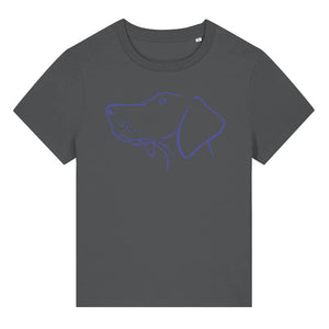 Blue outline illustration of the head of a Hungarian Vizsla on the front of an anthracite grey ladies t-shirt
