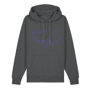 Blue outline illustration of the head of a Hungarian Vizsla on the front of an anthracite grey unisex Hoodie
