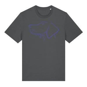 Blue outline illustration of the head of a Hungarian Vizsla on the front of an anthracite grey unisex t-shirt