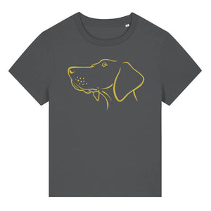Gold outline illustration of the head of a Hungarian Vizsla on the front of an anthracite grey ladies t-shirt
