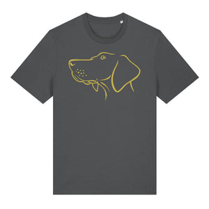 Gold outline illustration of the head of a Hungarian Vizsla on the front of an anthracite grey unisex t-shirt