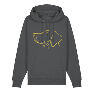 Gold outline illustration of the head of a Hungarian Vizsla on the front of an anthracite grey unisex Hoodie