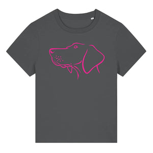 Magenta outline illustration of the head of a Hungarian Vizsla on the front of an anthracite grey ladies t-shirt