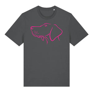 Magenta outline illustration of the head of a Hungarian Vizsla on the front of an anthracite grey unisex t-shirt