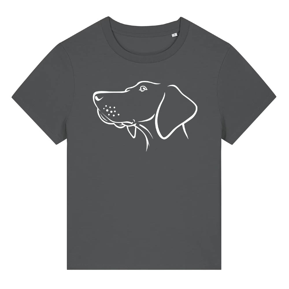 White outline illustration of the head of a Hungarian Vizsla on the front of an anthracite grey ladies t-shirt