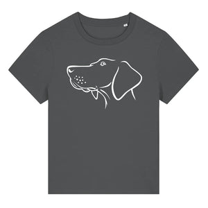 White outline illustration of the head of a Hungarian Vizsla on the front of an anthracite grey ladies t-shirt