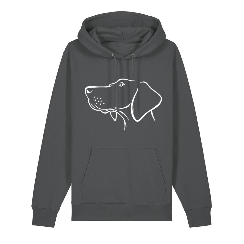 White outline illustration of the head of a Hungarian Vizsla on the front of an anthracite grey unisex Hoodie