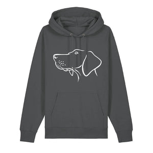 White outline illustration of the head of a Hungarian Vizsla on the front of an anthracite grey unisex Hoodie
